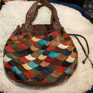 Lucky Brand Fish Scale Patchwork Suede Leather Multi Color BOHO Y2K Bag